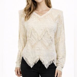 Damianou Cream Fringe Sweater M Vintage Boho Textured Knit V-Neck Festival